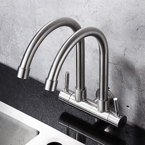 304不锈钢双管双开关入墙式单冷厨房水龙头可旋转双把双控双出水