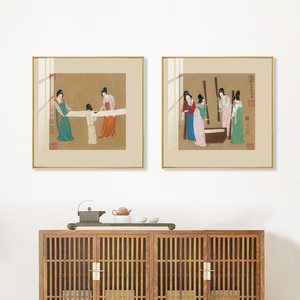 新中式唐代宫廷仕女捣练图水墨茶室书房客厅背景墙装饰画艺术挂画