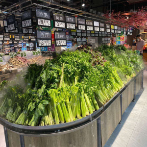 生鲜超市不锈钢叶菜货架水菜架子喷雾蔬菜货架展示架果蔬阶梯中岛