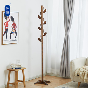 卧室实木衣帽架落地门厅简约黑胡桃色衣架玄关橡木创意立式衣架
