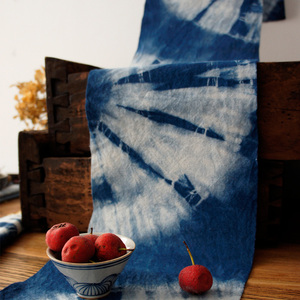 菡萏》传统蓝靛手染布植物草木染天然染料土棉布茶席茶垫diy 窄幅