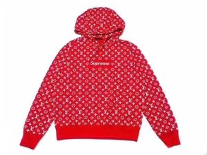 supcafe 现货 supreme lv 满印logo 红色 帽衫 宽松卫衣