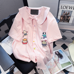 粉色日系甜美娃娃领系带格子衬衫男女夏小众软妹可爱卡通短袖上衣