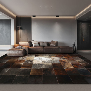 现代高级牛皮地毯拼接方块格子轻奢客厅沙发茶几垫卧室床边毯定制