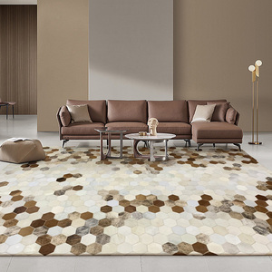 轻奢高级牛皮拼接地毯定制现代简约北欧几何客厅茶几垫卧室床边毯