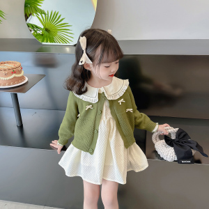 女宝宝毛衣开衫+娃娃领连衣裙2023秋装新款小女孩洋气时髦两件套1