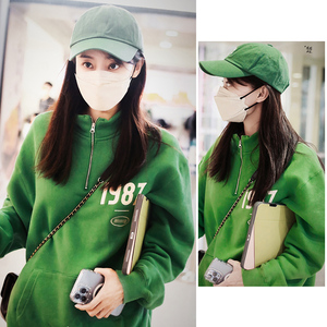 张小斐明星同款绿色卫衣女ins潮宽松设计感半拉链刺绣长袖上衣