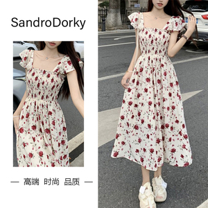 法国代购SandroDorky法式玫瑰印花小飞袖吊带显瘦雪纺连衣裙夏季