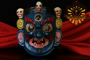 藏红传统手工艺品木雕玛哈嘎啦金刚舞民族特色家居装饰蓝挂件面具