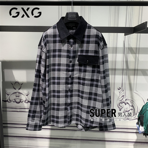 GXG男装2022秋新款男士黑白格子休闲翻领长袖衬衫外套GD1030913H