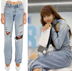 青春有你lisa同款破洞牛仔阔腿裤女春夏薄直筒宽松高腰显瘦牛仔裤