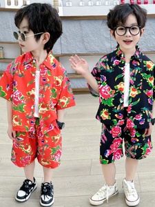 韩国男童春季套装洋气东北大花农村娃两件套儿童夏款沙滩短袖衬衫