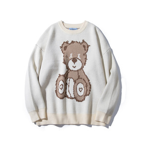 街头复古小熊图案毛衣男女潮牌街头宽松休闲百搭套头情侣针织毛衣
