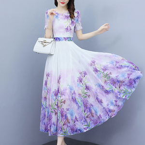 雪纺连衣裙夏季2024新款夏天气质名媛高端大摆中长款紫色仙女裙子