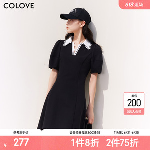 COLOVE卡拉佛黑色高级感连衣裙女2024夏新款POLO领显瘦通勤黑裙子