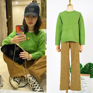 白百何同款圆领长袖宽松套头绿色针织毛衣 灯芯绒阔腿垂感直筒裤