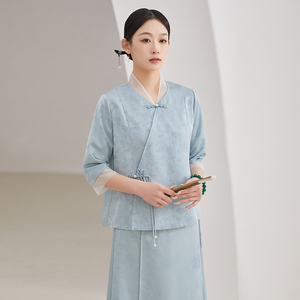 中式唐装女中国风上衣套装新款禅意旗袍茶服两件套改良汉服茶艺师