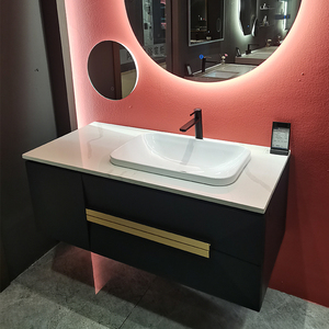 轻奢岩板台中盆浴室柜组合简约现代洗脸洗手盆柜实木洗漱台卫生间