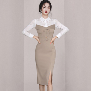 2024春装新款韩版女装气质衬衫领拼接修身长袖职业中长包臀连衣裙