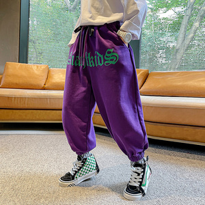 男童运动裤春秋2022新款洋气男孩薄款卫裤春装中大童紫色纯棉裤子