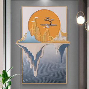 现代简约玄关入户装饰画3d立体浮雕走廊过道壁画轻奢铁艺竖版挂画