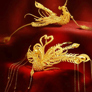 黄金头饰凤钗凤冠足金999.9古法 凤凰中式婚嫁流苏金步摇黄金发簪