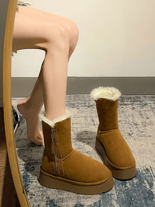 皮毛一体雪地靴2024新款女冬季加绒加厚棉鞋厚底保暖东北棉靴短款