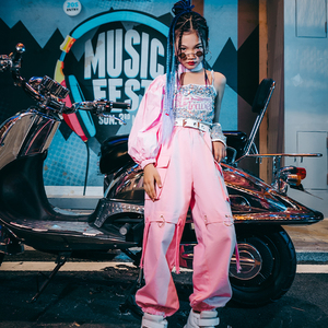 爵士舞亮片套装女童时髦演出服儿童街舞服装嘻哈女孩走秀潮服炫酷