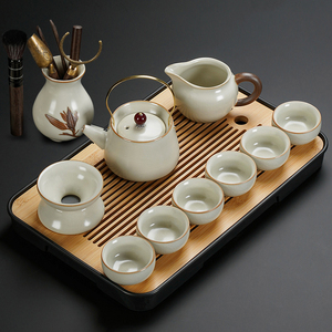 2024新款米黄汝窑功夫茶具套装家用轻奢高档陶瓷提梁茶壶盖碗茶杯