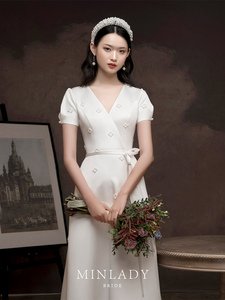 名斓|拾月 敬酒服新娘2024新款法式复古缎面轻婚纱白色订婚小礼服