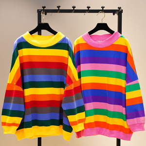 2022春秋新款韩版宽松大码中长款彩虹条纹卫衣女长袖薄款拼接上衣