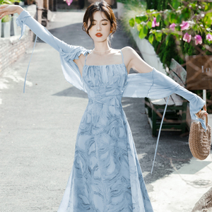 新中式国风款水墨晕染蓝色吊带连衣裙外搭开衫高级感超仙两件套夏