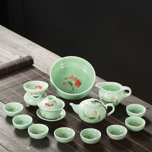 青瓷功夫茶具套装茶盘家用简约小茶杯鲤鱼茶碗陶瓷茶壶自动