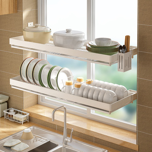 免打孔厨房窗台置物架碗架沥水架放碗碟锅架窗户收纳不锈钢壁挂式