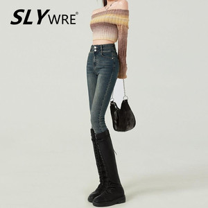 韩国代购SLY WRE牛仔裤女春季新款高腰弹力紧身显瘦小脚铅笔裤子