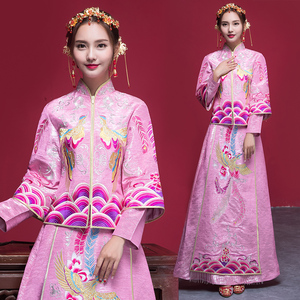 秀禾服新娘2018新款中式婚纱结婚礼服龙凤褂修身敬酒粉色马来服