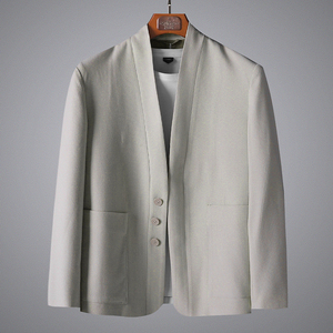 fzog/费佐格 华夫格无领西装外套男士轻商务开衫休闲西服修身上衣