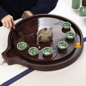 新品宜兴紫砂茶盘茶海功夫茶台圆形茶具双层转动鸭嘴石磨排水式