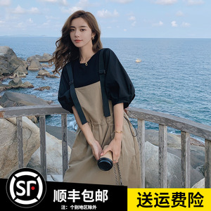 休闲遮肉显瘦背带裙女套装2024夏季新款韩版减龄黑T恤工装连衣裙