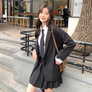 学院风jk制服黑色西装外套女春秋季韩版宽松休闲小西服百褶裙套装