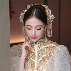 秀禾头饰新娘2022新款香槟色简约中式大气结婚礼龙凤褂秀和服发饰