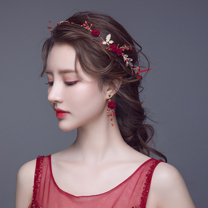 新娘头饰红色敬酒服结婚发饰森系韩式超仙婚纱礼服简单大气配饰品