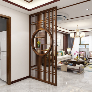 新中式实木屏风入户进门玄关隔断客厅家用遮挡装饰镂空置物架搁板