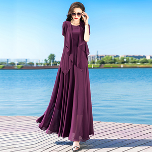 紫色雪纺连衣裙女夏套装裙2024流行气质修身显瘦长裙开衫两件套