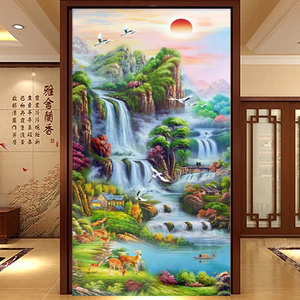 5d钻石画满钻玄关竖版发财鹿点粘贴钻十字绣客厅风景山水画钻石绣