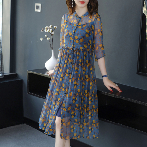 杭州真丝连衣裙女2018新款大牌反季清仓重磅妈妈桑蚕丝长裙两件套