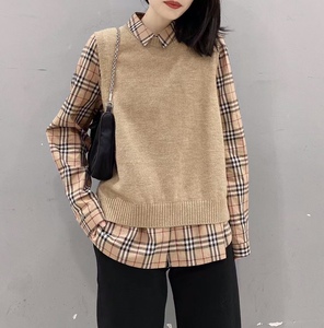 欧洲站2021春季新款气质小方领格子衬衫羊毛背心马甲外搭两件套女
