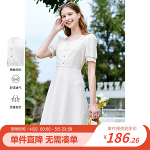betu百图夏季新款法式方领白色蕾丝短袖气质连衣裙子