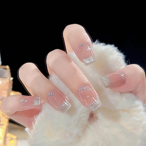 简约爱心晶石猫眼穿戴甲法式碎钻美甲贴片冰透裸色小清新手工定制