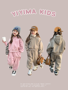 女童韩版加厚一体绒卫衣卫裤两件套2023冬季儿童宝宝加绒保暖套装